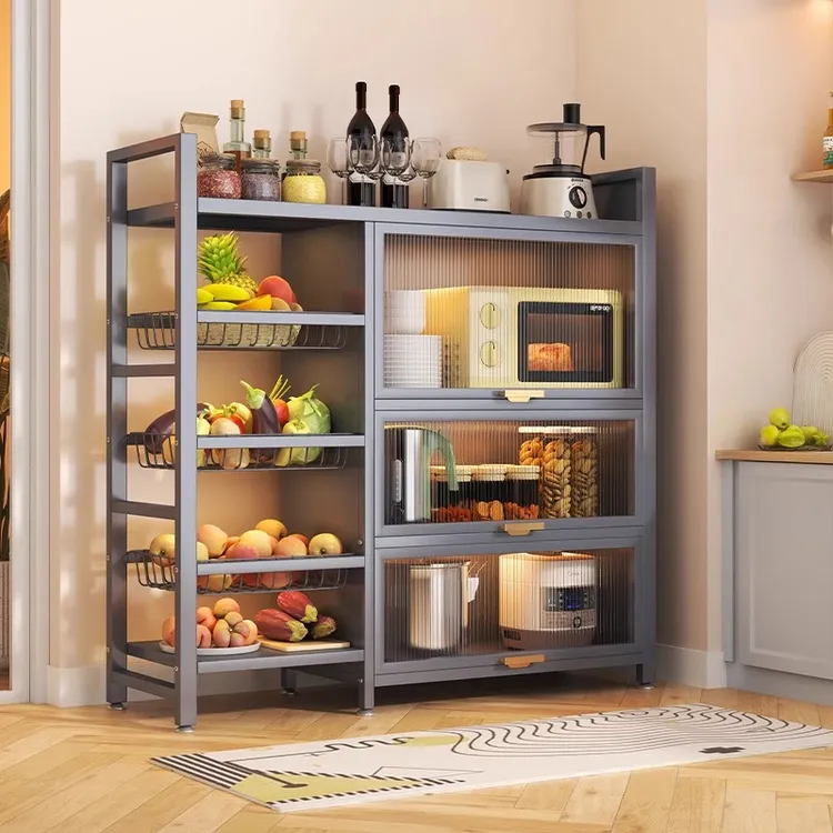 厨房置物架落地多层菜篮置物收纳柜微波炉果蔬多功能带门储物柜子
