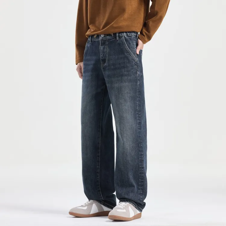 JEEPSPIRIT高端植绒男士牛仔裤加绒加厚男款冬季新款直筒宽松裤子