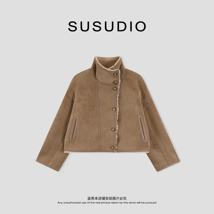 SUSUDIO 100绵羊毛 秋冬正反两穿温暖皮毛一体立领外套 70337