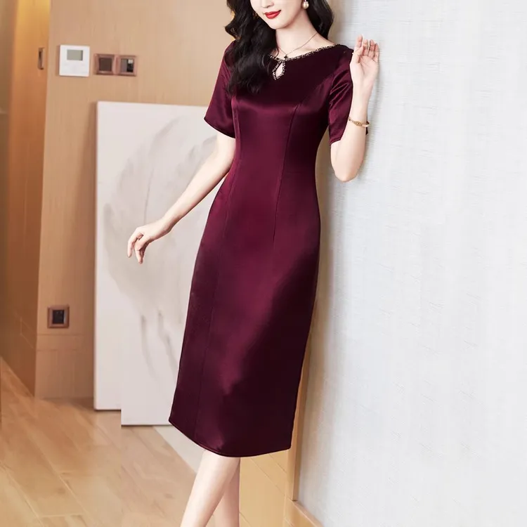 紫色三醋酸晚礼服连衣裙女2025年夏季新款高端气质喜婆婆婚宴装裙