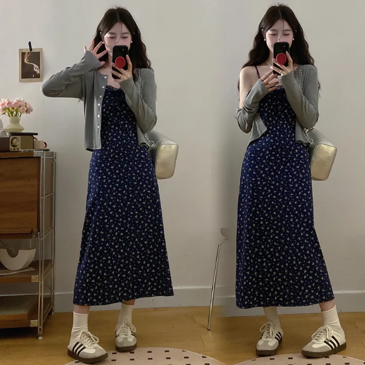 大码女韩版纯欲风碎花针织连衣裙收腰显瘦蕾丝拼接吊带裙子