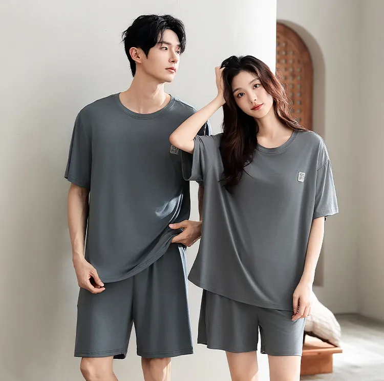 莫代尔情侣睡衣男女夏季薄款休闲凉感自带胸垫可外穿运动家居服