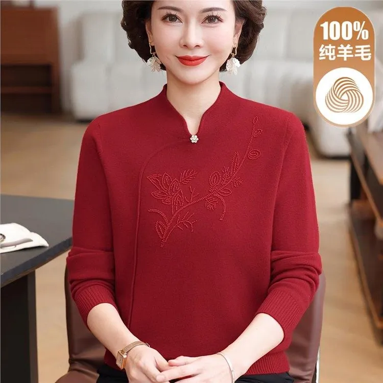 中年妈妈秋冬装羊毛衫女装100纯羊毛打底衫本命年红色毛衣洋气