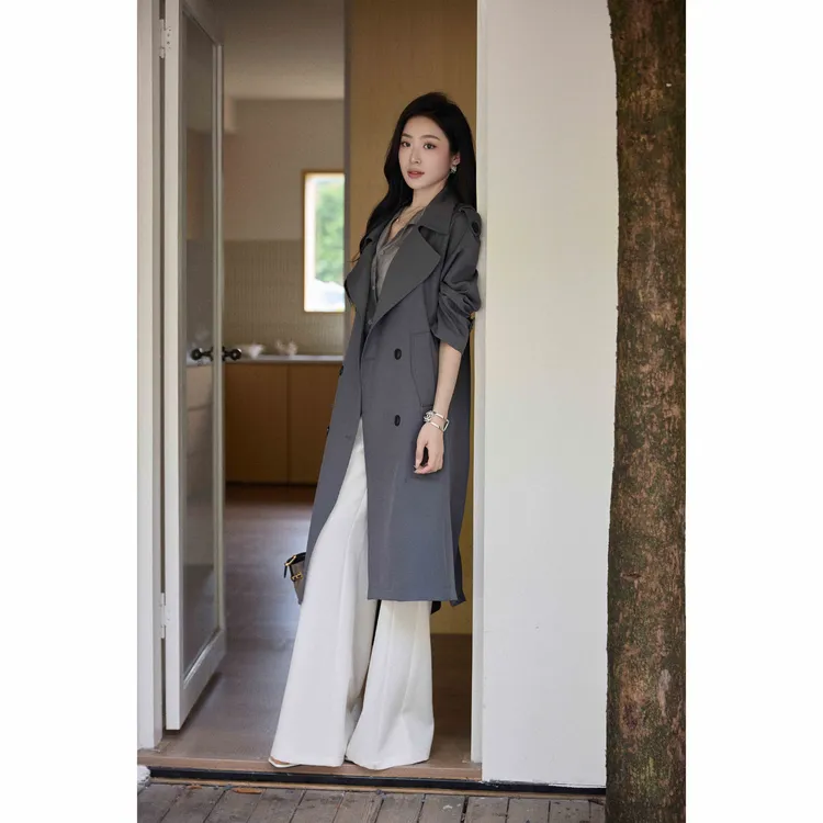 美娜灰色风衣外套女2025新款韩系简约高级感时尚百搭中长款大衣