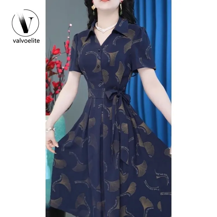 VALVOELITE高级洋气时尚简约轻奢休闲印花连衣裙女新款POPL领短袖