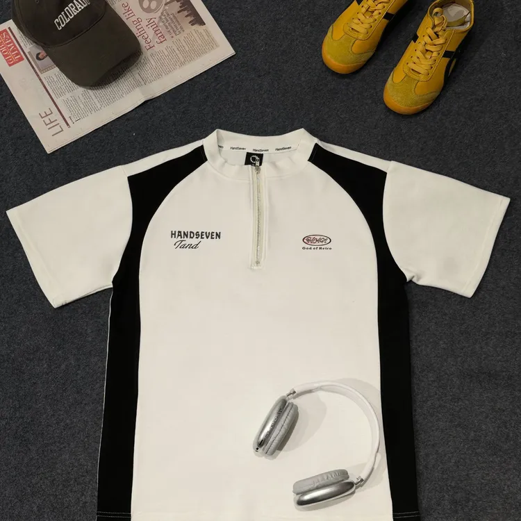 HandSeven300g重磅潮牌复古春季新款高街美式半拉链抗皱短袖t恤