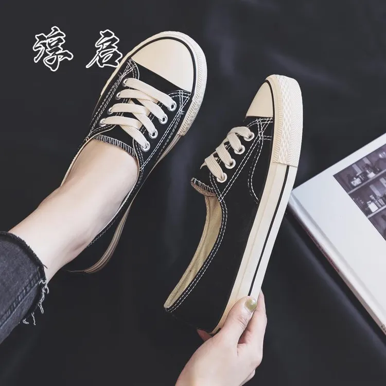 淳启休闲夏季新款浅口透气薄款帆布鞋平底布鞋软底休闲黑色懒人鞋