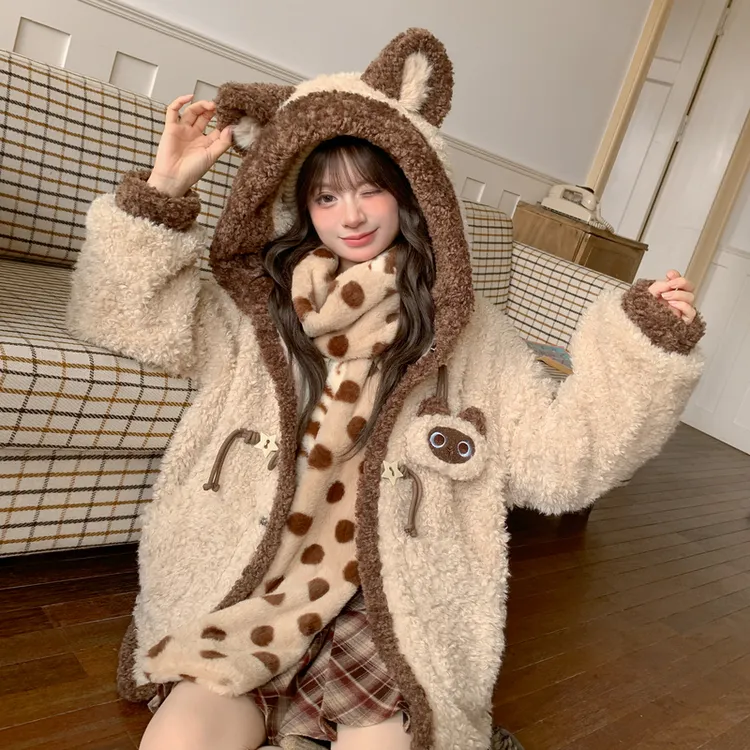 森女部落甜美风撞色设计感浣熊连帽绒衫卫衣女新款宽松保暖外套冬