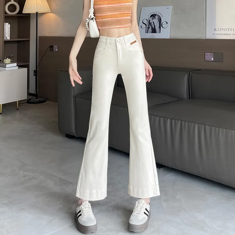 薄款米白色微喇牛仔裤女春季2024年高腰弹力显瘦小个子九分马蹄喇