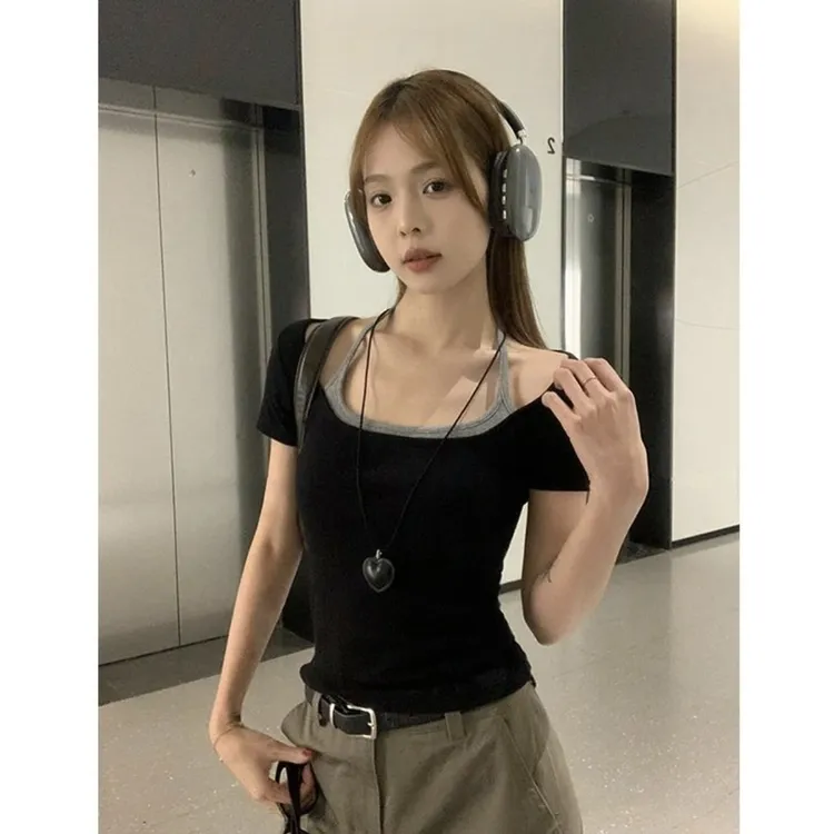 2025夏季新款正肩挂脖假两件U领短袖T桖小众设计感百搭修身显瘦