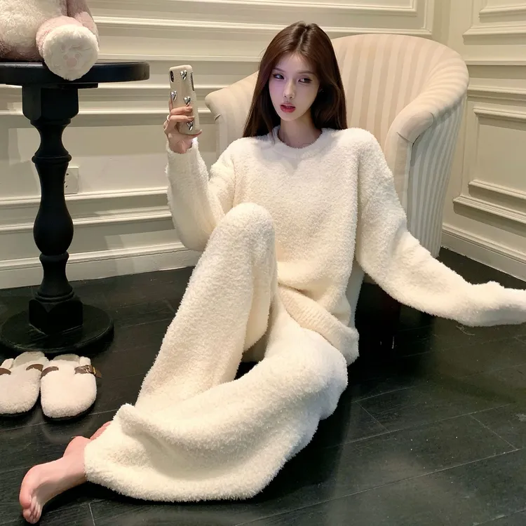 半边绒睡衣女冬季新款加绒加厚甜美舒适保暖弹力可外穿套装家居服