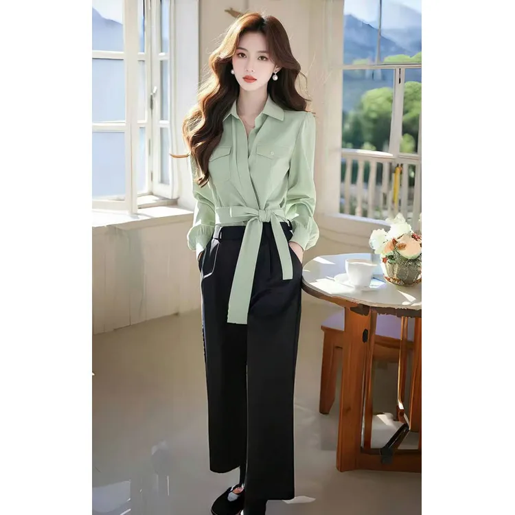 2025年春季新款ins气质御姐范polo领蝴蝶结衬衫女配高腰直筒长裤