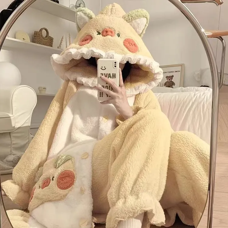 睡衣女秋冬睡袍加厚保暖可爱珊瑚绒浴袍韩版中长款家居服可外穿C