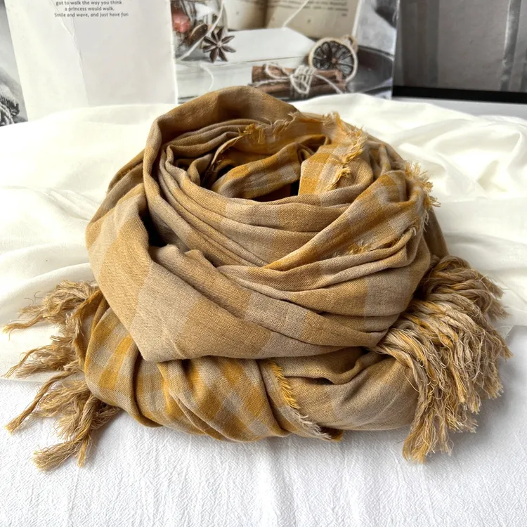 复古文艺姜黄色纯棉围巾女冬季韩版百搭双面格子围巾护颈保暖围脖
