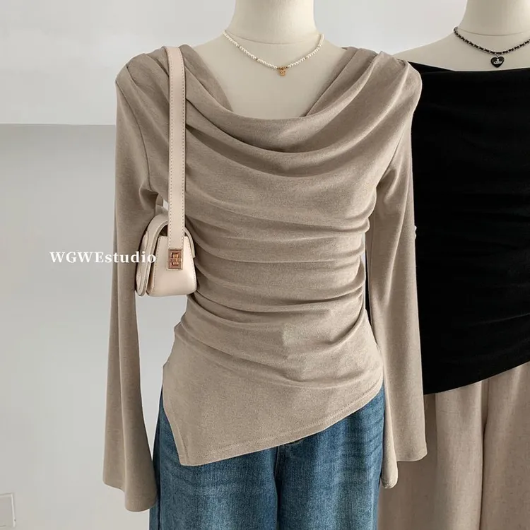 设计感小众不规则荡领长袖T恤女春秋新款打底衫修身一字肩上衣女