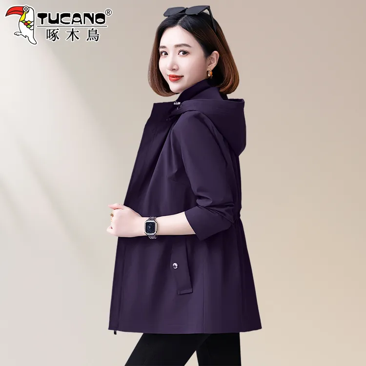 啄木鸟风衣外套女款秋季2025新款春秋小个子妈妈宽松休闲连帽上衣