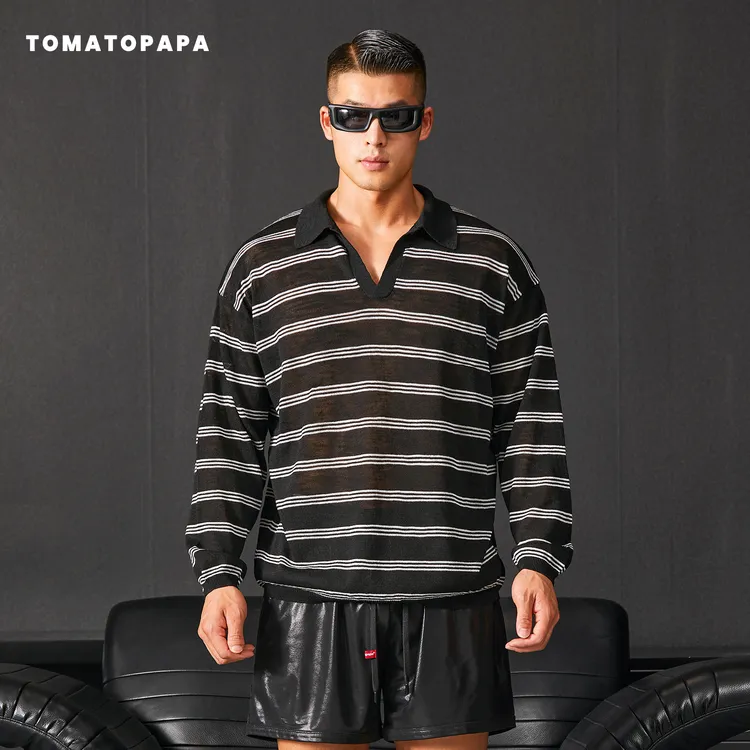TOMATOPAPA新款2025秋冬条纹T恤长袖V领针织POLO男子青年百搭上衣