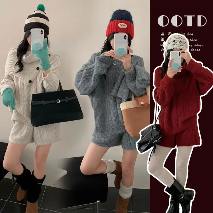 孕妇装秋冬新款洋气宽松针织上衣围脖调节半身裙设计感韩版三件套