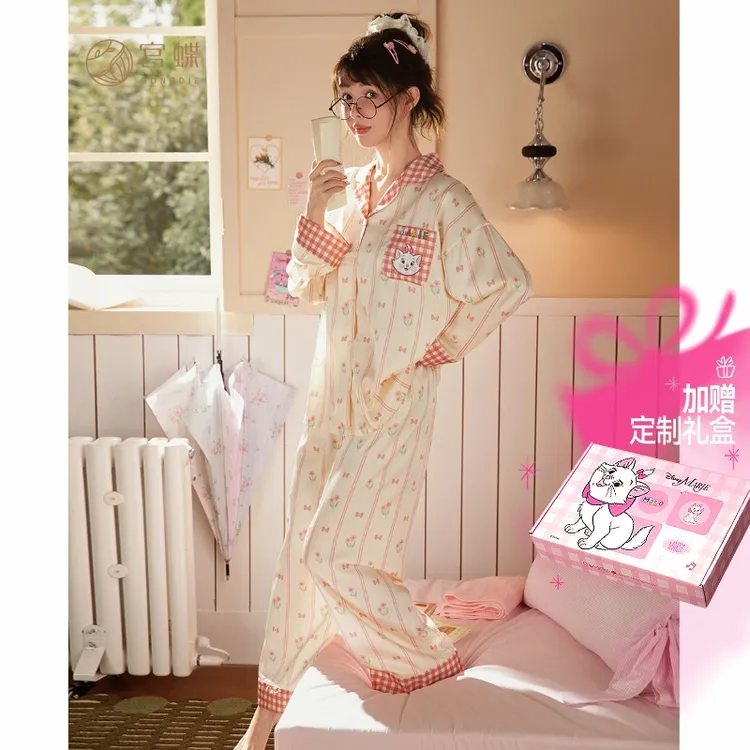 宫蝶正版联名迪士尼玛丽猫春秋长袖睡衣女冰丝甜美可爱家居服夏季