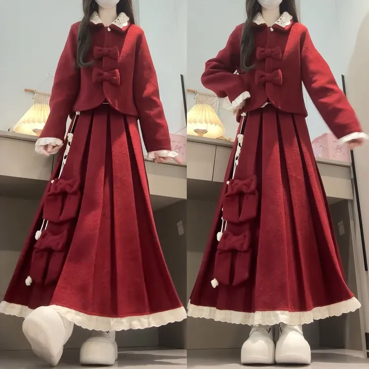 冬装搭配一整套2026新年战袍红色穿搭毛呢外套蝴蝶结半身裙两件套