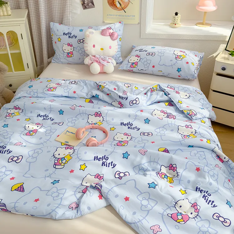 三丽鸥Kitty猫咪清新浅蓝色夏凉被可机洗空调被宿舍午睡薄毯可爱