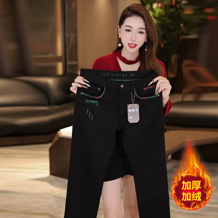 秋冬高端男士黑色手绘牛仔裤时尚高级感穿搭修身百搭弹力裤子显瘦