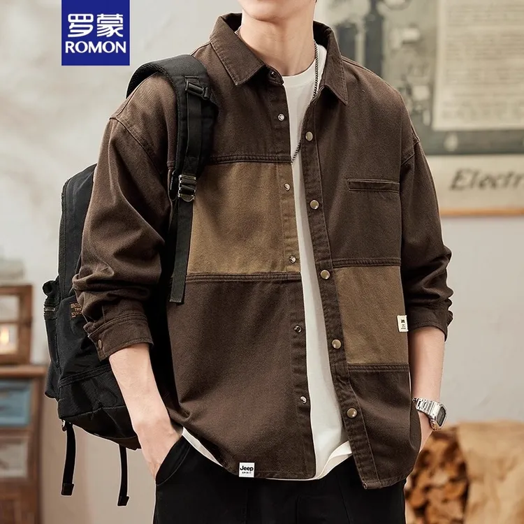 罗蒙潮流百搭牛仔衬衫外套秋季撞色纯棉长袖衬衣衣服休闲新款男装