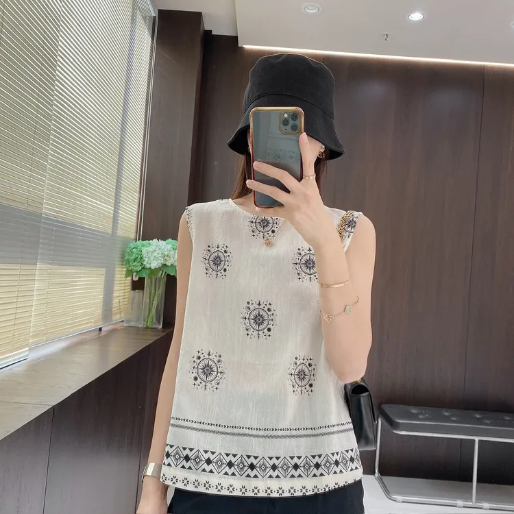IMFLY金小金自制女装 莱赛尔小衫DYW9532复古印花无袖圆领上衣