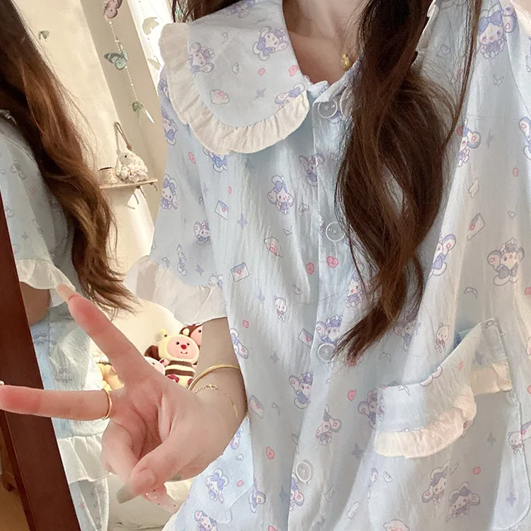 日系奶蓝玉桂狗睡衣女款夏季2025甜美公主风蝴蝶结短袖家居服套装