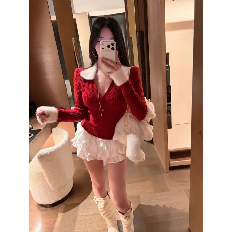 韩系纯欲风毛毛领拼接V领麻花长袖针织衫女秋冬修身显瘦毛衣上衣