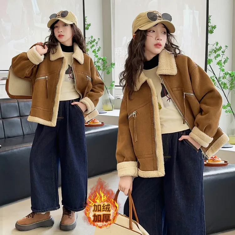 女童秋冬款皮毛一体加厚外套2025新款洋气女大童加绒加厚复古夹克