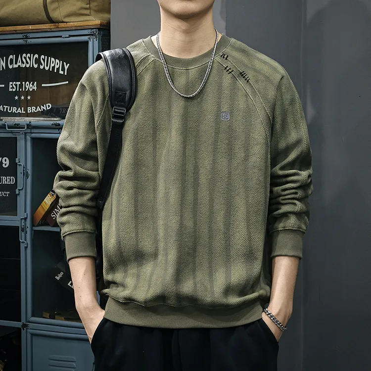 2025秋季新款长袖卫衣男复古高级质感条纹设计圆领宽松休闲上衣潮