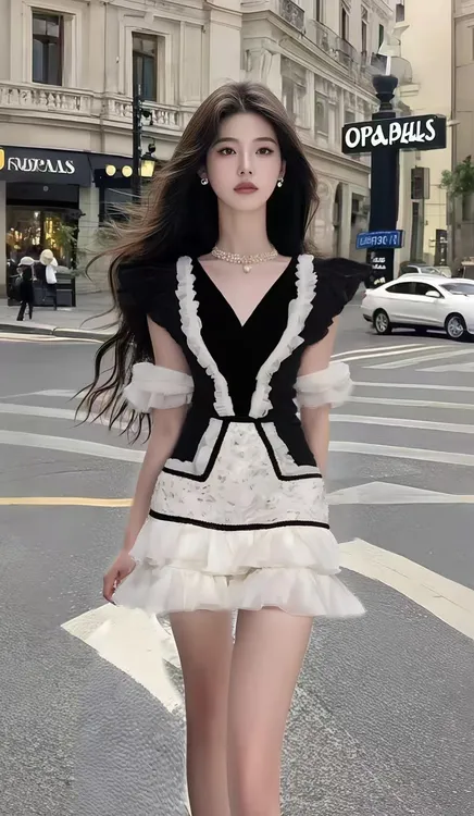 黑白拼接辣妹性感小众时尚气质连衣裙新款夏季2025纯欲小清新个性