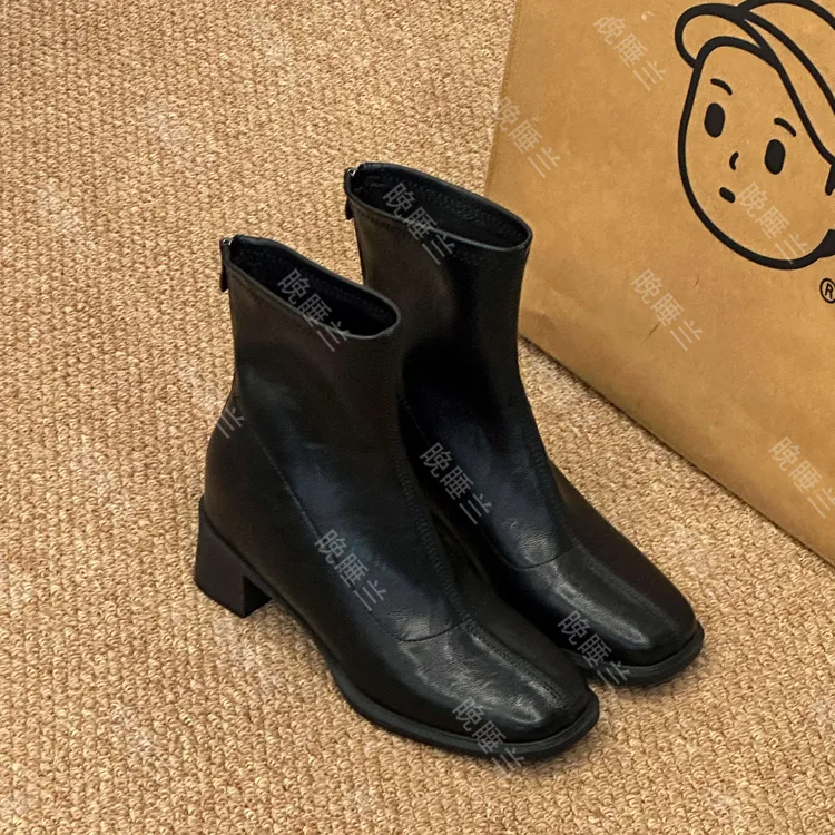 晚睡兰·内增高10cm小个子时尚经典粗跟超软秋冬短筒瘦瘦小裸靴