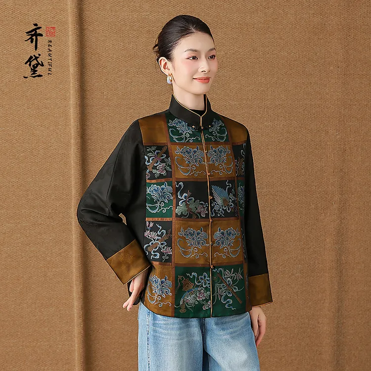 齐黛真正的香云纱上衣女2025秋季新款长袖满绣复古洋气真丝短外套