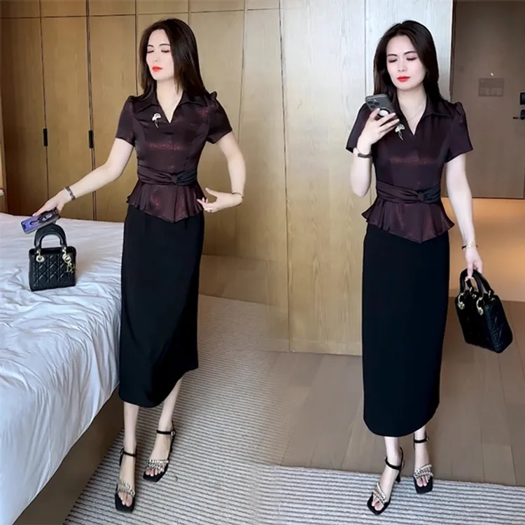 【赠送运费险】夏季新款穿搭新中式气质盘扣短袖套裙遮肚包臀修身