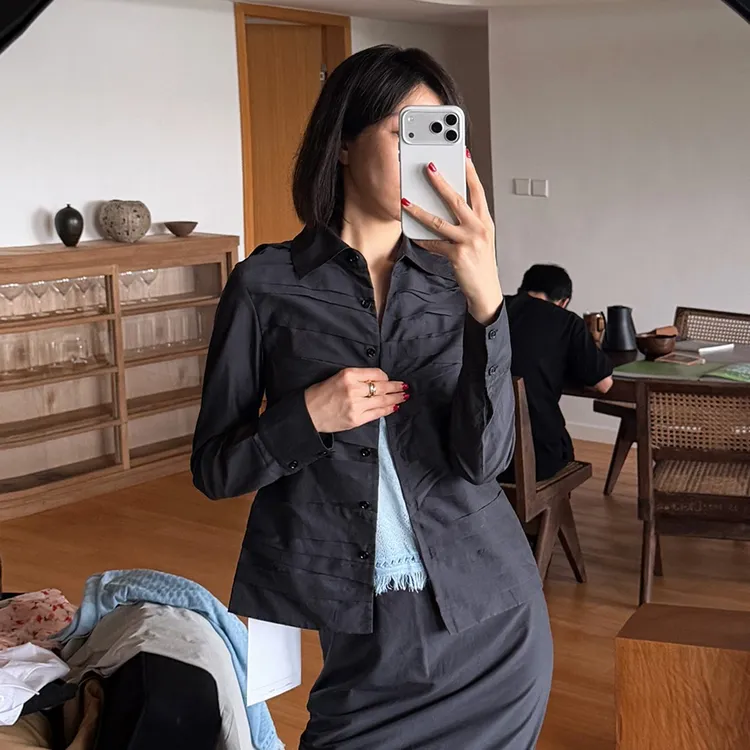 ROMI STUDIO全手工压褶肌理桑蚕丝棉轻薄收腰衬衫外套 RWCSSG7443