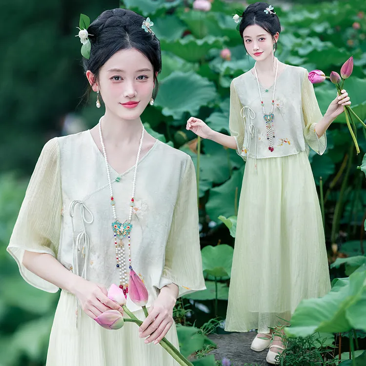 doumpp新中式改良汉服印花女装唐装盘扣斜襟中国风禅意茶服上衣套