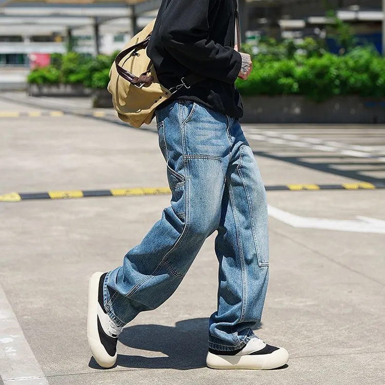 秋冬季新款美式潮牌多口袋工装裤百搭学生伐木裤宽松直筒牛仔裤男
