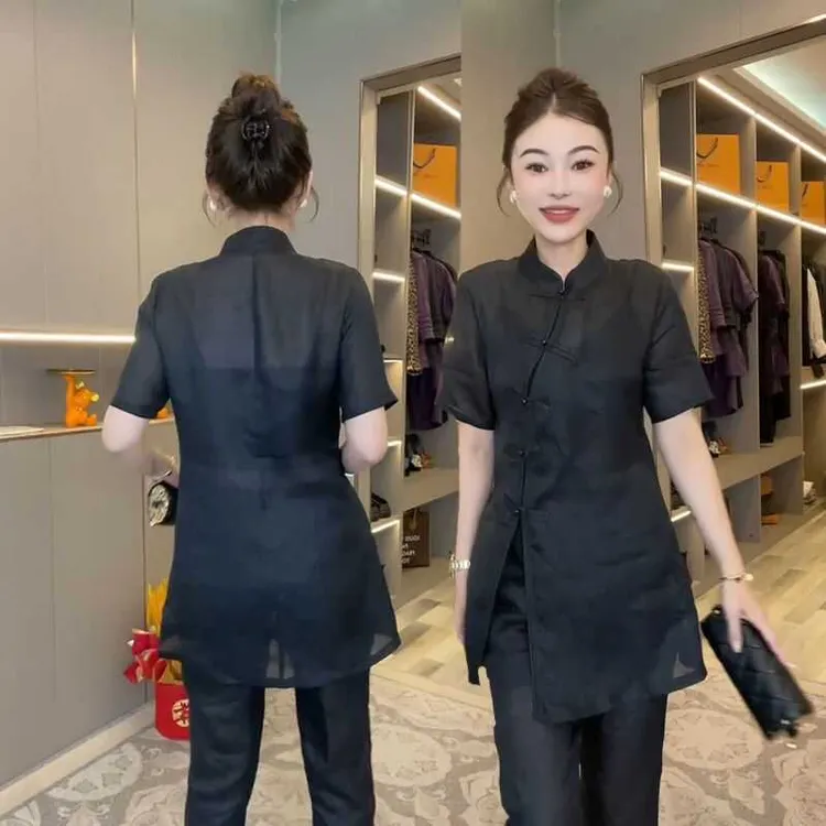 2025年夏季减龄超好看套装女国风复古斜襟盘扣亚麻短袖+七分裤套