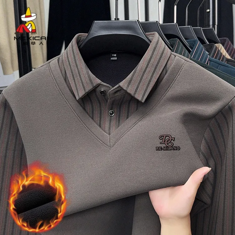 男士秋冬季新款假两件卫衣含羊毛桑蚕丝加绒加厚长袖t恤保暖上衣