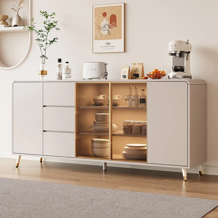 奶油风实木餐边柜一体靠墙家用客厅茶水柜轻奢简约风收纳柜储物柜