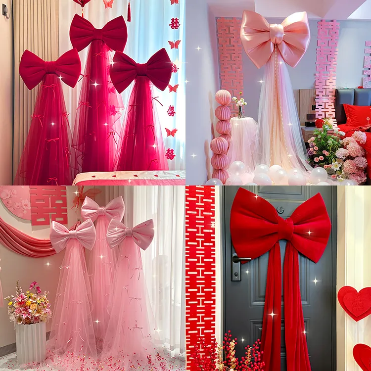 浪漫喜庆超大蝴蝶结立柱婚房布置卧室客厅蝴蝶结路引结婚晨袍背景