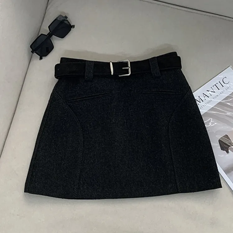 【南油溪溪】韩版设计感毛呢短裙配腰带冬季修身显瘦半身裙802080