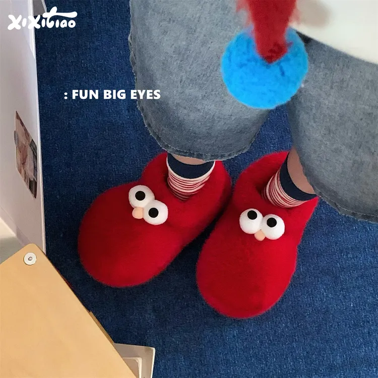 细细条 可爱大头短筒棉鞋ins冬天外穿保暖学生趣味眼睛毛毛靴子女