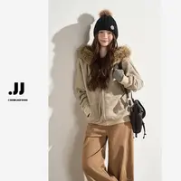 【暖绒絮语】美式毛领连帽卫衣外套女条纹拉链开衫宽松上衣H1032