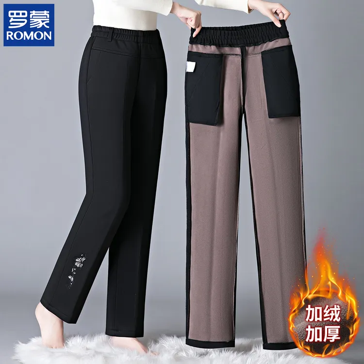 罗蒙名牌妈妈冬装加绒加厚裤子中年松紧腰休闲裤中老年女装直筒裤