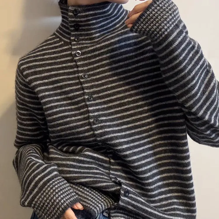 欧洲站2025冬季新款气质立领侧排扣设计细条纹拼色针织衫毛衣开衫