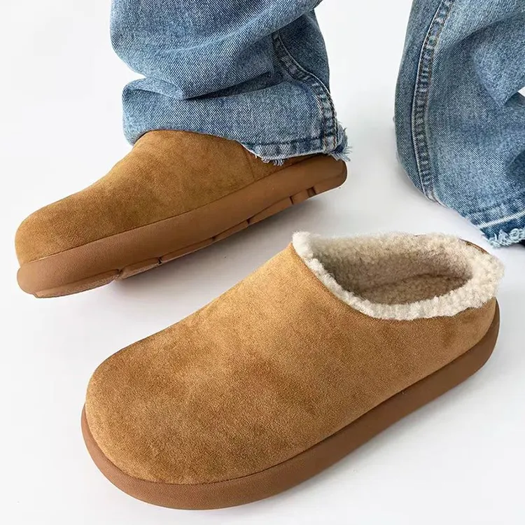 小土豆加绒勃肯鞋男冬季穆勒鞋情侣棉鞋包头半拖鞋一脚蹬毛毛拖鞋
