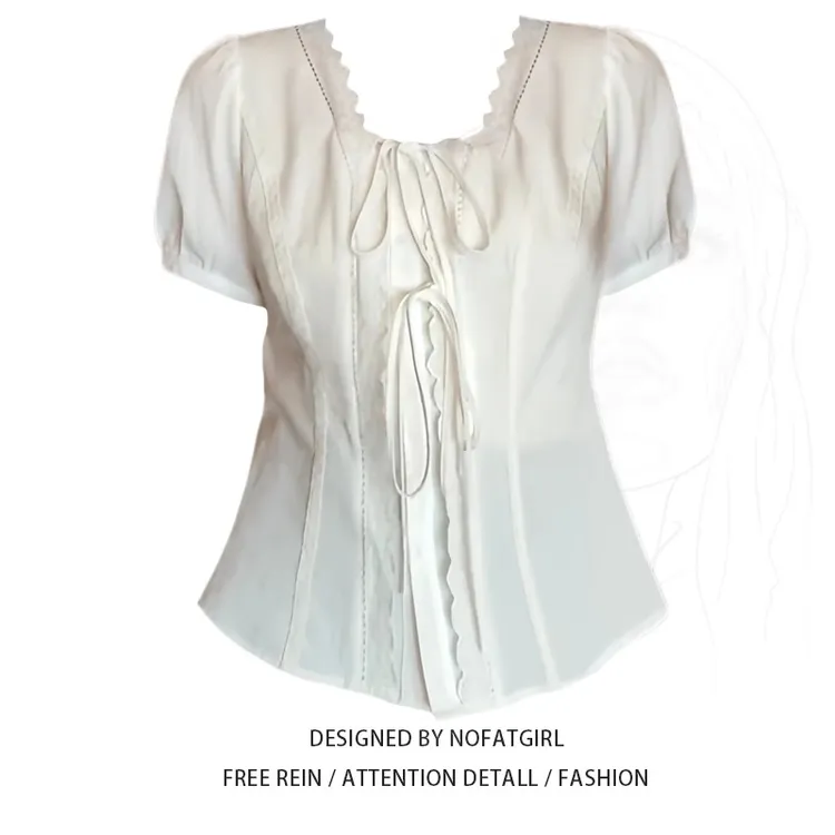 大码胖MM法式复古白色短袖衬衫女夏季新款设计感小众收腰显瘦上衣